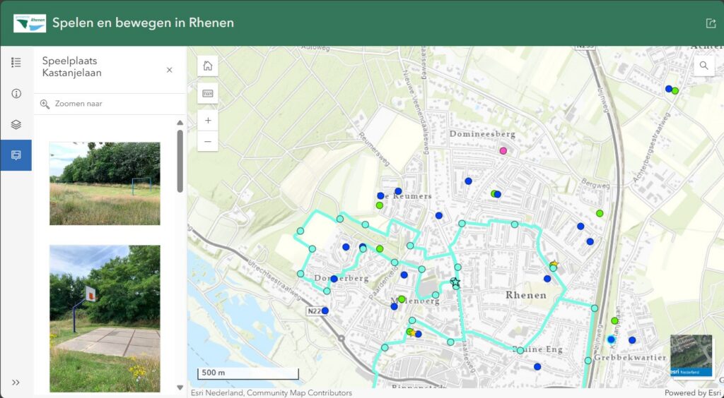 Screenshot van een interactieve speelplaatsenkaart in ArcGIS Pro met visueel onderscheid tussen speelplaatsen voor de gemeente Rhenen.