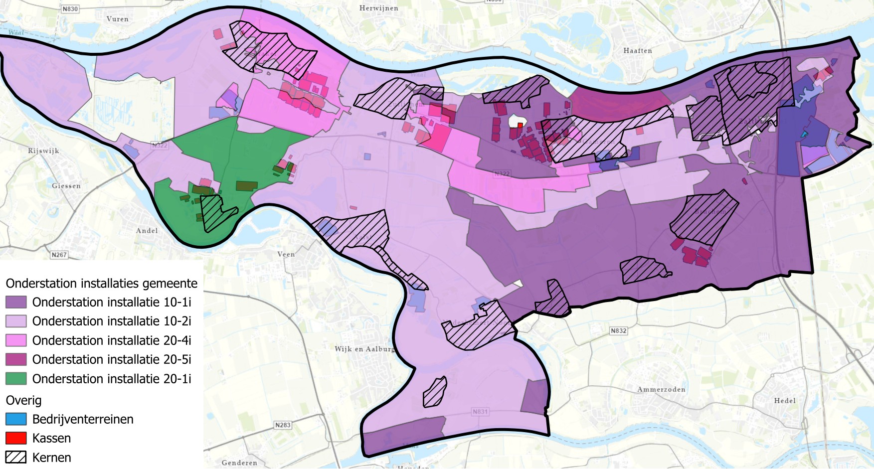 GIS-kaart in QGIS die de reikwijdte van onderstation-installaties en grootverbruikers in een gemeente toont voor Bureau Buitenklank.